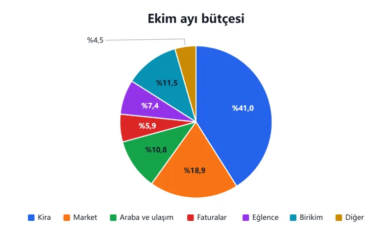 Örnek: 54.250 TL’lik aylık bütçe, yüzdeli pasta grafiği olarak