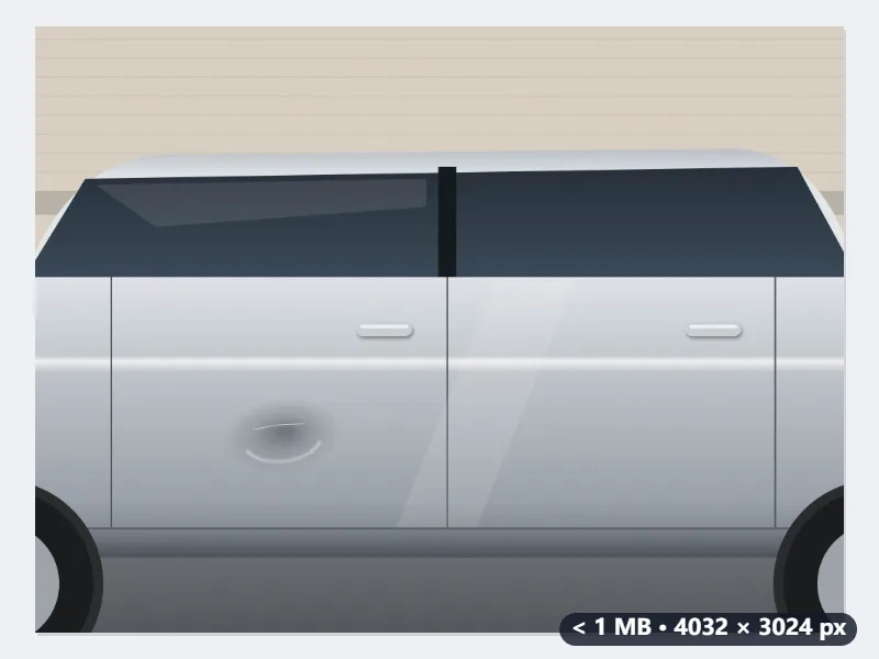 Example: three photos of a dented car door for an online insurance claim limited to 1 MB — After