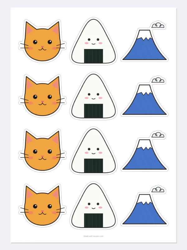 例：手描きのイラスト3枚を、A4に12枚どり・白フチ・カットライン付きで — 処理後