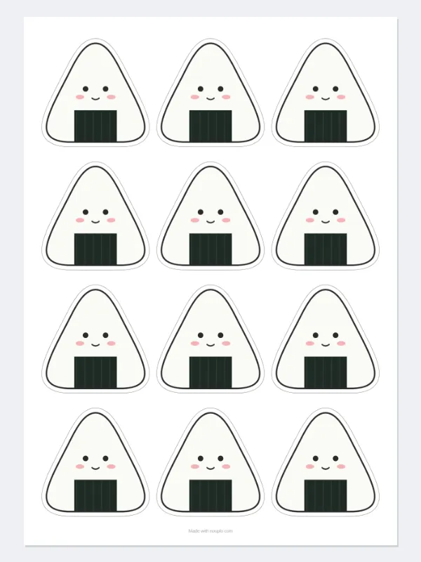 例：おにぎりのイラストを、A4のステッカー用紙に12枚並べて印刷 — 処理後