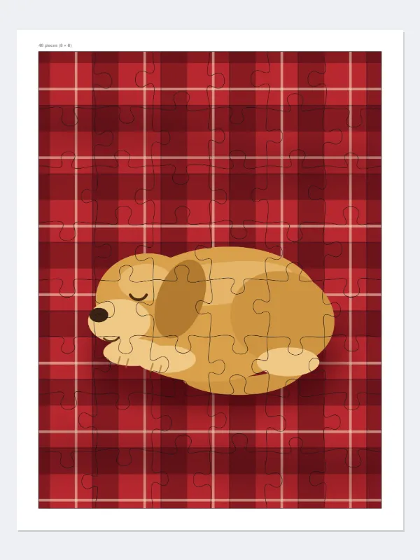 Example: a 48-piece puzzle of the dog on US Letter — 8 × 6 pieces of 1¼ inches — After