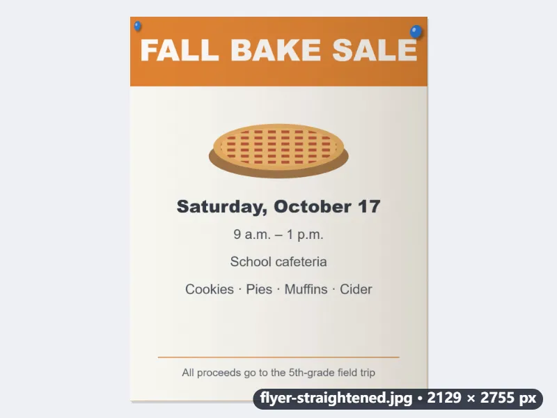 Example: a Letter-size flyer on a bulletin board, photographed from the left — After