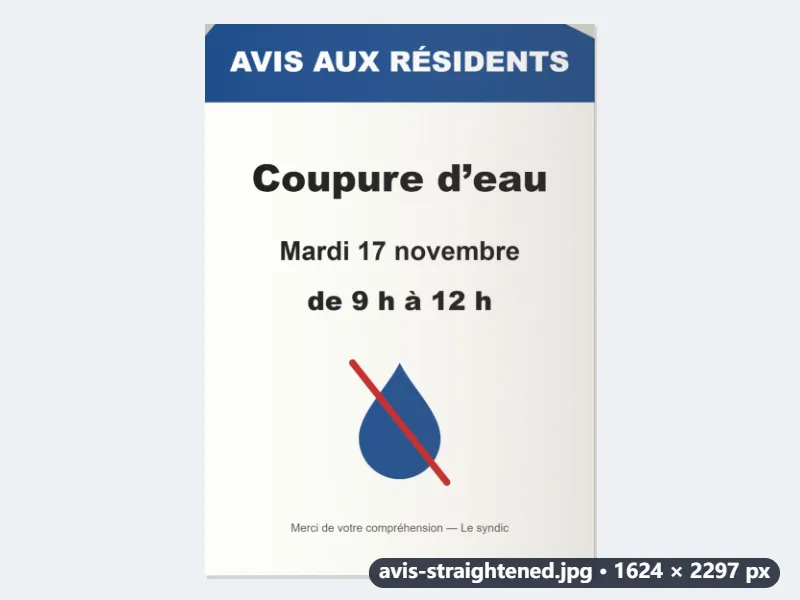 Exemple : l’avis A4 du hall d’immeuble, photographié de côté — Après