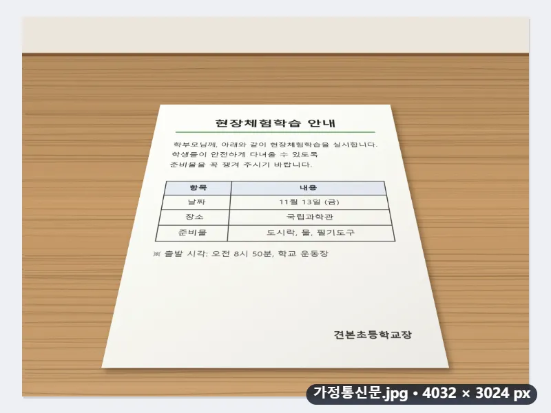 책상 위 가정통신문(A4)을 비스듬히 찍은 사진을 A4 직사각형으로 — 적용 전