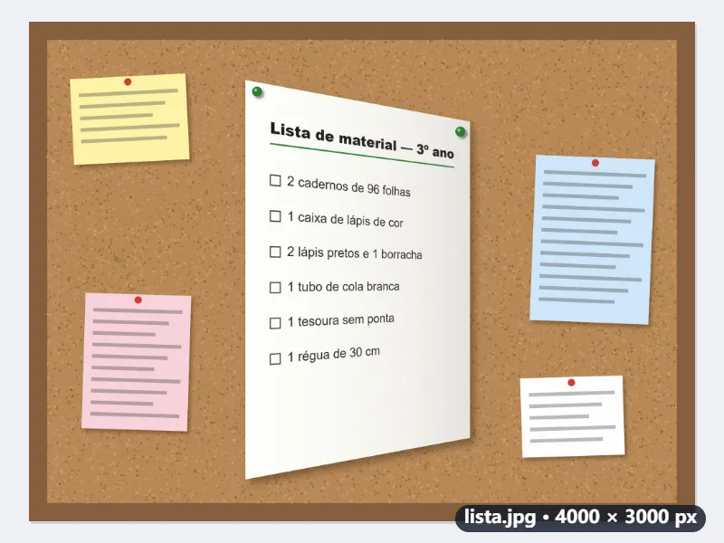 A lista de material no mural da escola, fotografada de lado, de volta a um A4 reto — Antes