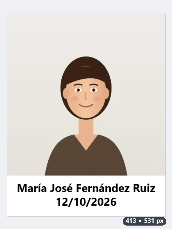 Ejemplo: un retrato del móvil a 35 × 45 mm con el nombre y la fecha debajo — Después