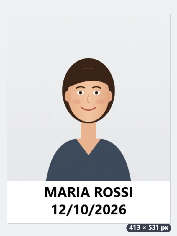 Esempio: fototessera 35 × 45 mm con «MARIA ROSSI» e la data 12/10/2026 — Dopo