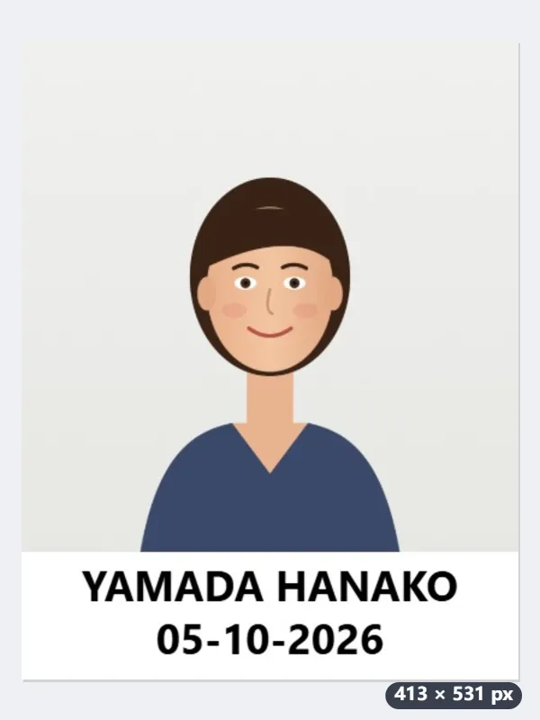 例：海外の大学への出願用に、スマホ写真へ「YAMADA HANAKO」と撮影日を入れて35×45mmに — 処理後