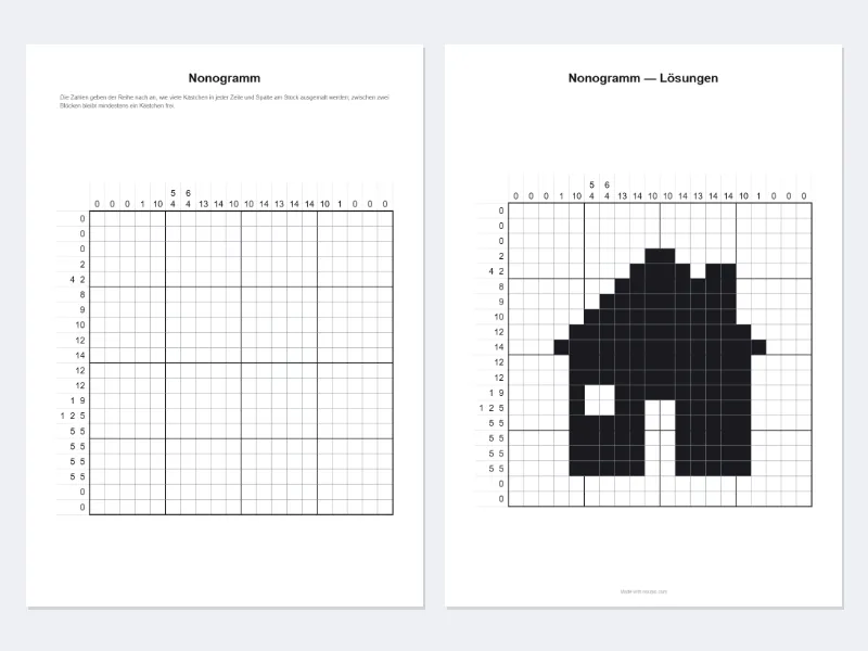 Beispiel: Die Zeichnung eines Hauses als Nonogramm mit 20 × 20 Kästchen — Nachher