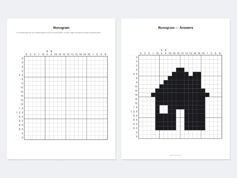 A house drawing turned into a 20 × 20 nonogram, with the answer page — After