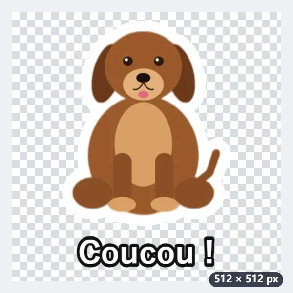 Exemple : le chien en sticker, avec un contour blanc et la légende « Coucou ! » — Après