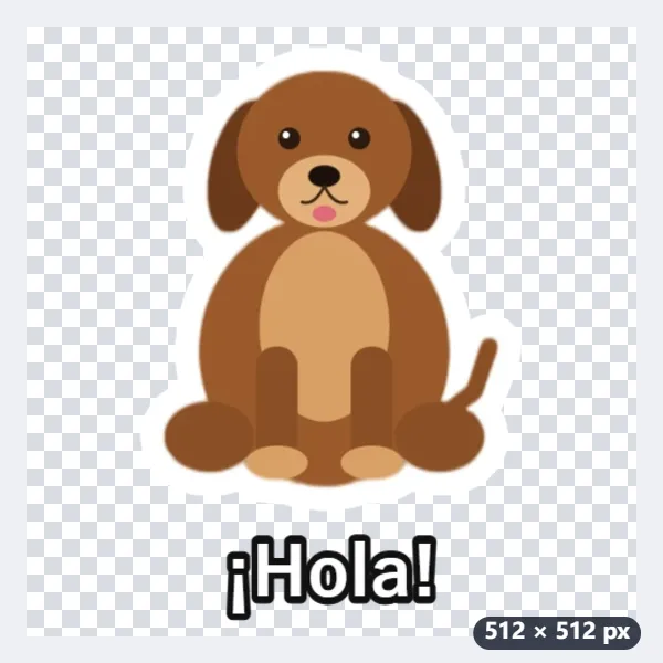 Ejemplo: un sticker de tu perro con borde blanco y el texto «¡Hola!» — Después